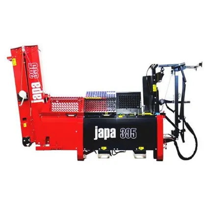 Red and black firewood processor machine with hydraulic components and a conveyor system designed for splitting and handling logs.