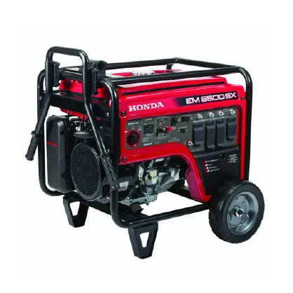 Portable red and black generator with control panel, multiple outlets, and a protective metal frame with wheels for easy transportation.