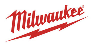 Bold red Milwaukee logo featuring sharp, angular lettering with an extended lightning bolt swoosh beneath, symbolizing power tools and home improvement.