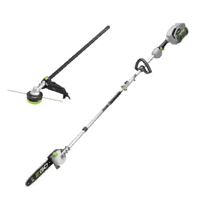 Modular outdoor tool system with a detachable string trimmer head and pole saw attachment, featuring ergonomic handles and green accents.