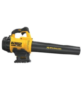 Yellow and black cordless handheld blower with ergonomic handle and long nozzle designed for outdoor leaf and debris clearing tasks.