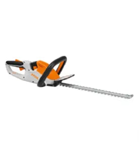 Orange and white cordless hedge trimmer with ergonomic handles and a long serrated blade designed for precise outdoor trimming and maintenance.
