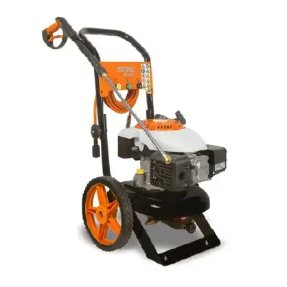 Gas-powered pressure washer with orange wheels and handle, mounted on a black metal frame for outdoor cleaning tasks.
