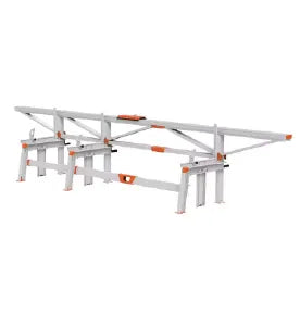 Large metal frame structure with orange leveling tools attached, designed for supporting and aligning lumber during cutting or assembly tasks.