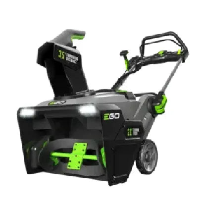 Compact modern snowblower with black and green accents, featuring a chute for snow discharge and ergonomic handlebars for maneuvering.