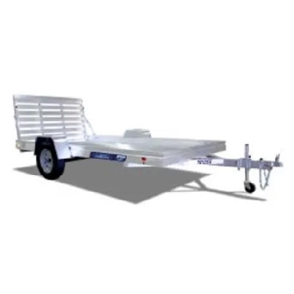 Single-axle utility trailer with metal mesh ramp, flat cargo bed, and hitch for towing on a plain white background.
