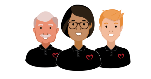 Illustration of three smiling team members wearing black shirts with red heart-shaped logos, symbolizing friendly customer service.