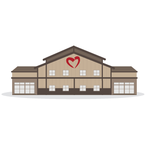 Illustration of a large farmhouse-style building with brown siding and roof, featuring a red heart emblem centered above the windows.