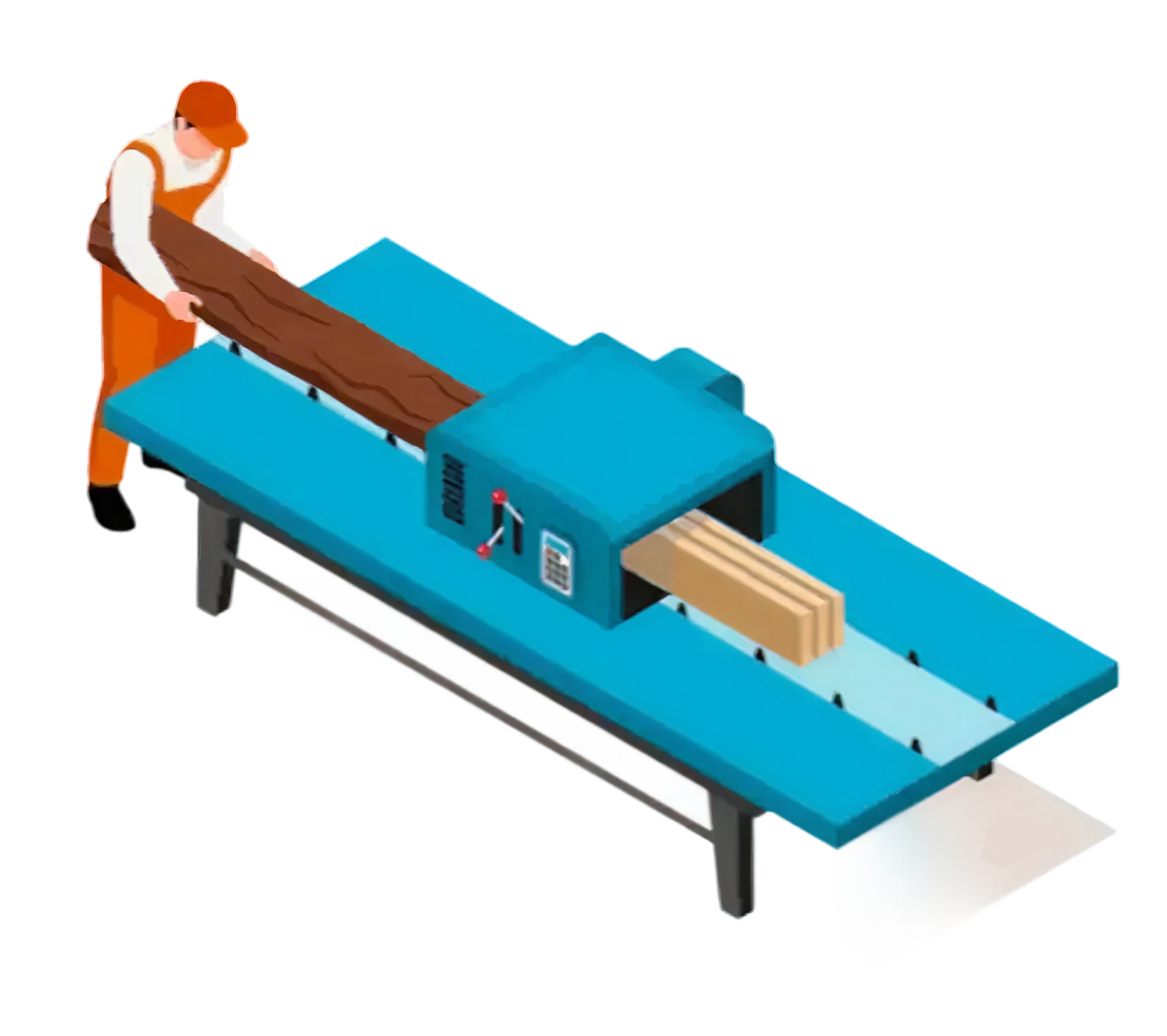 Illustration of a worker feeding a rough wooden plank into a blue woodworking machine that outputs smooth, planed lumber on the other side.