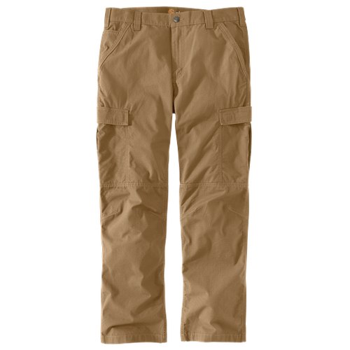 Relaxed fit khaki ripstop cargo work pants with multiple pockets designed for durability and comfort in men's workwear.