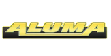 Bold yellow and black logo with the word ALUMA in uppercase letters and a subtle gradient effect on a transparent background.