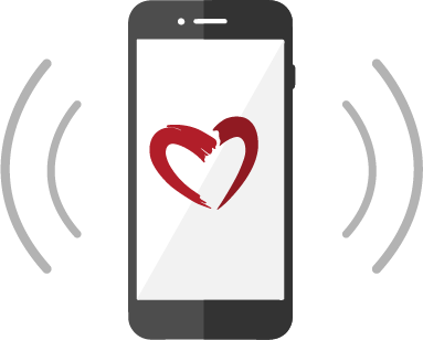 Graphic of a smartphone displaying a red heart-shaped logo on the screen with curved lines on each side suggesting sound or signal waves.