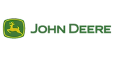 Green and yellow logo featuring a leaping deer inside a rounded square next to bold green text spelling John Deere on a transparent background