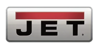 Rectangular metal logo featuring the word JET in bold black letters below a horizontal red bar on a brushed silver background.