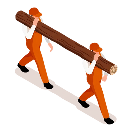 Two workers wearing orange overalls and helmets carrying a large wooden log together, illustrated in a simplified style.