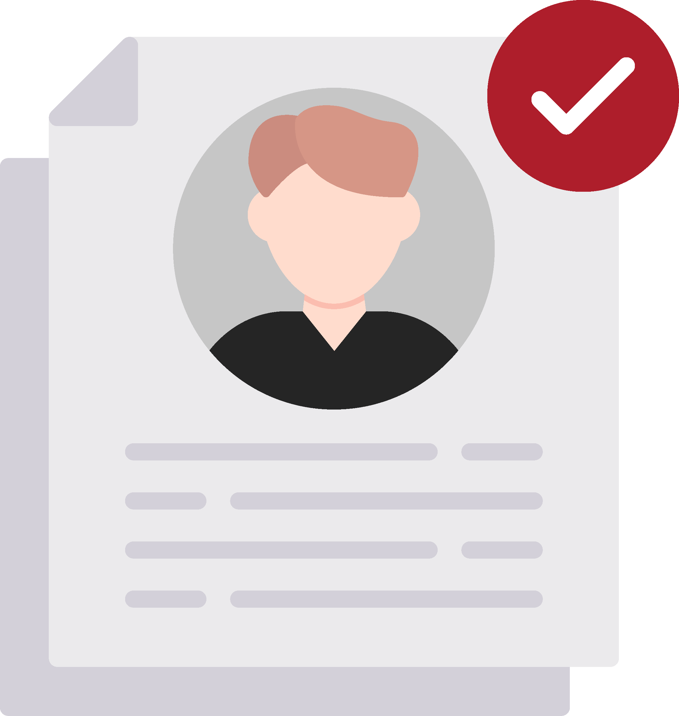 Graphic of a document featuring a generic avatar of a person with a red checkmark in the top right corner, symbolizing approval or verification.