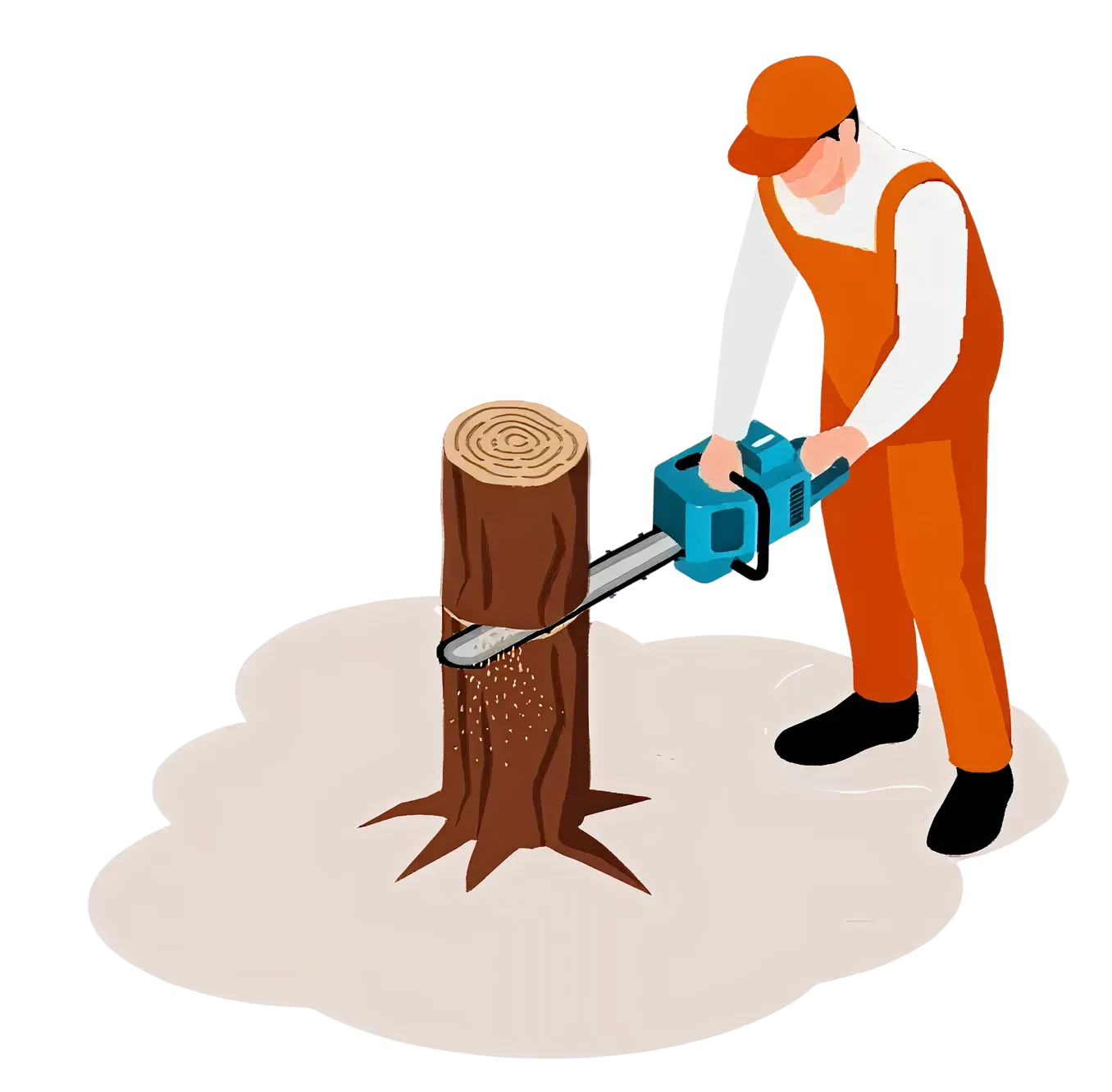 Illustration of a person wearing orange overalls and cap using a blue chainsaw to cut a tree stump on a plain background.