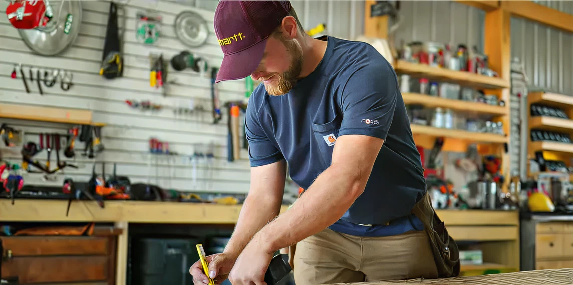 Man wearing a maroon cap and navy shirt measuring a wooden board with a tape measure in a workshop filled with various tools and supplies.