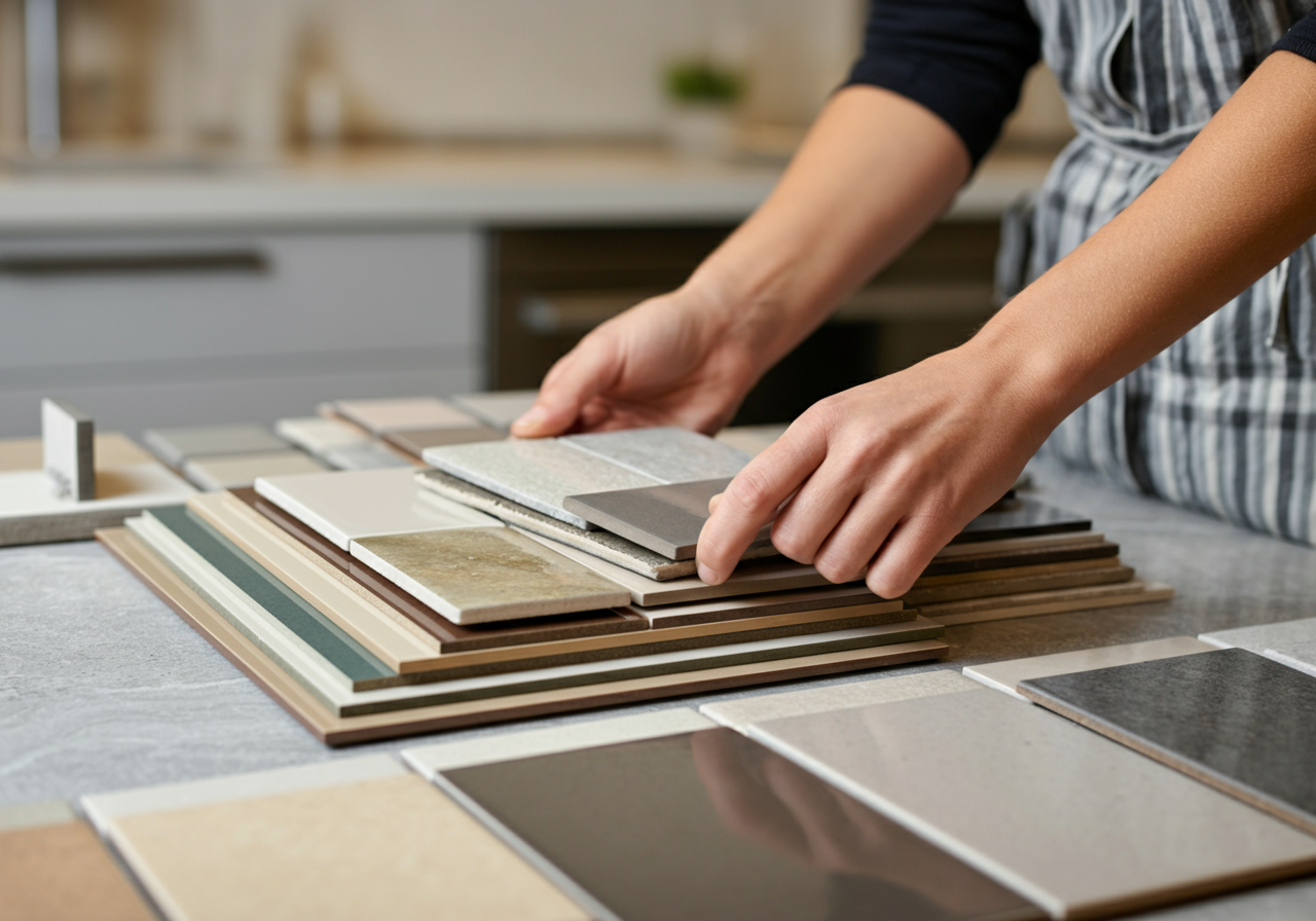 Person in apron arranging various ceramic tile samples on a countertop, with a modern kitchen blurred in the background, suggesting home improvement planning.