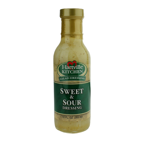 Bottle of Hartville Kitchen sweet and sour salad dressing in green-labeled 12 oz packaging for popular condiment selection