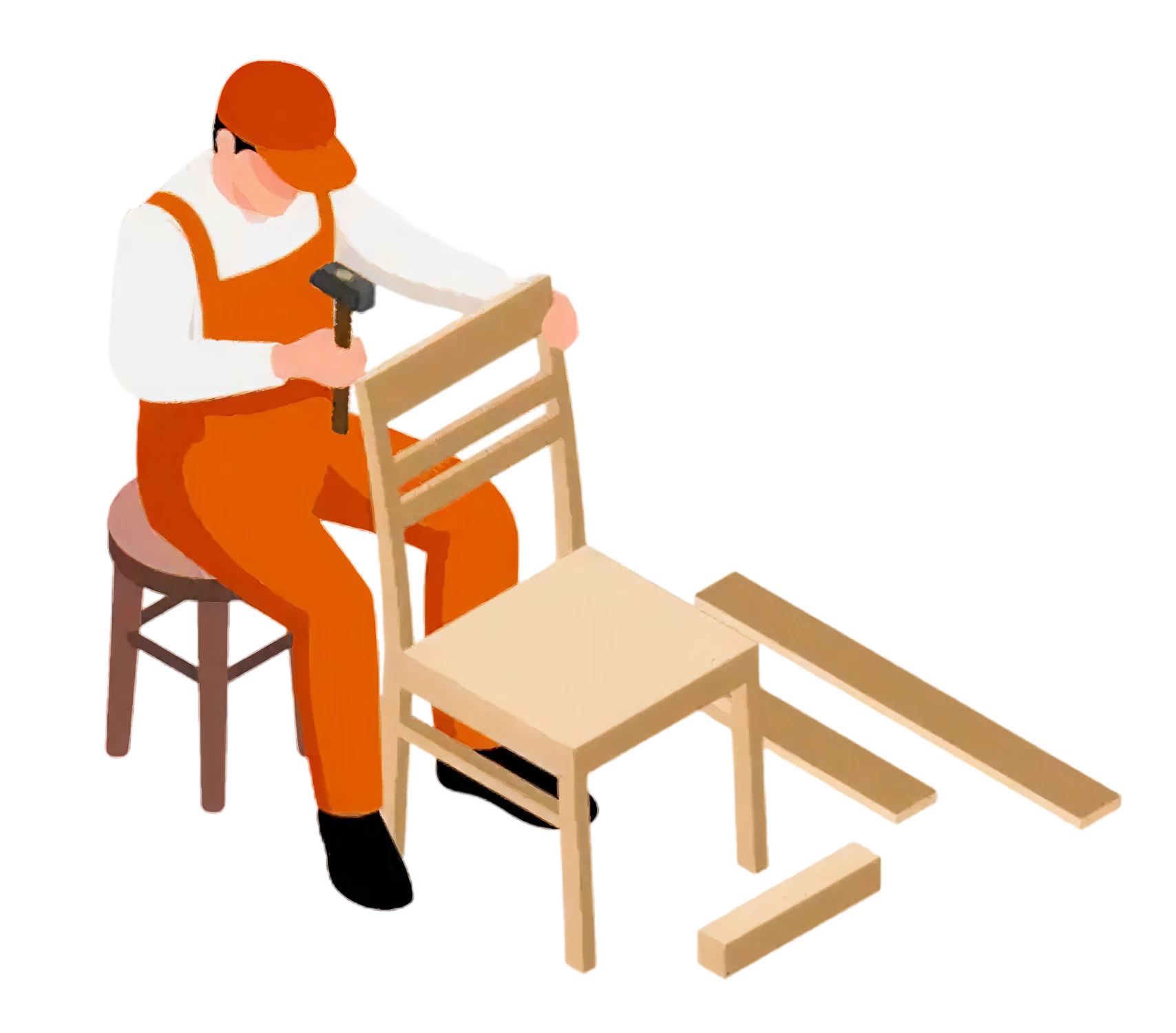 Digital illustration of a person in orange workwear assembling a wooden chair using a hammer, with additional wooden parts nearby.