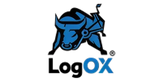 Blue stylized ox head with a harness above uppercase letters 