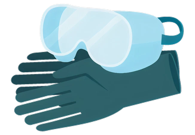 Illustration of safety goggles resting on a pair of dark protective gloves, representing personal protective equipment for home improvement tasks.