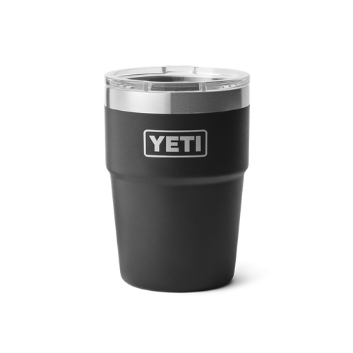 16 oz black stackable insulated cup made of durable stainless steel with clear lid from drinkware collections