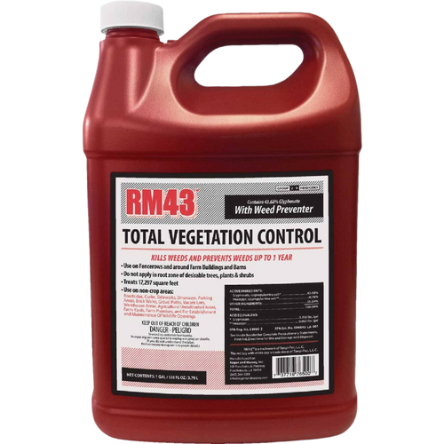 Red gallon jug of RM43 vegetation control herbicide for effective weed elimination sold in lawn care and garden collections