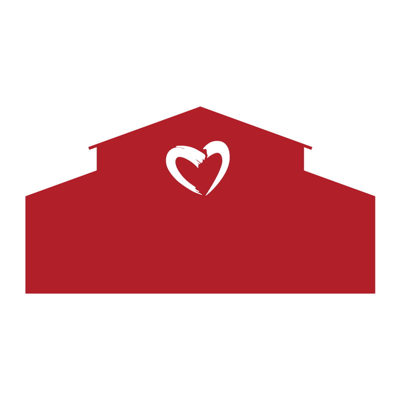 Silhouette of a red barn with a white stylized heart icon in the center, representing warmth and community.