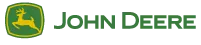 Green and yellow logo featuring a silhouette of a deer leaping inside a rounded square, accompanied by bold green text spelling John Deere.