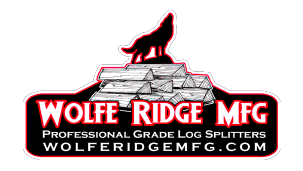 Silhouette of a howling wolf standing atop a stack of logs, with bold red and white text reading Wolfe Ridge MFG and a tagline about professional-grade log splitters on a black background.
