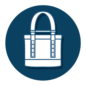 Simple line drawing of a tote bag with double handles, shown in white and blue tones on a solid dark blue circular background.