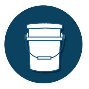 White simplified icon of a bucket with a handle, centered on a solid dark blue circular background, representing a container or tool accessory.