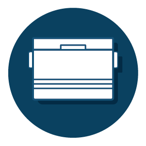 Minimalist icon of a rectangular cooler with handles on each side, depicted in white and blue on a dark circular background.