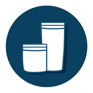 Icon showing two white drinkware containers of different heights with simple horizontal trim lines, set against a dark blue circular background.