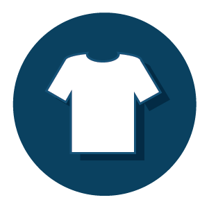 White stylized t-shirt icon with subtle shadowing centered on a dark teal circular background, representing apparel or clothing gear.