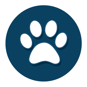 White paw print icon with rounded toes centered on a dark blue circular background, symbolizing pets or animal care.